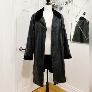 Knee length faux fur and pleather jacket